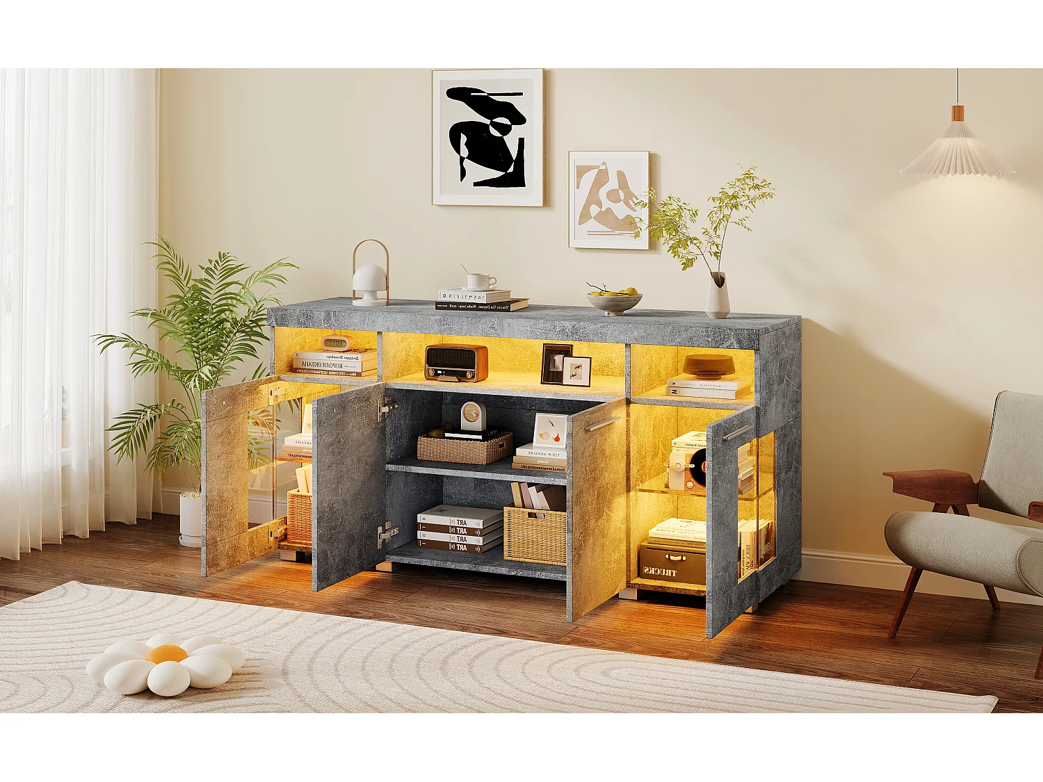 Buffet avec 4 portes et LED - Bois MDF+verre trempé - Gris ciment