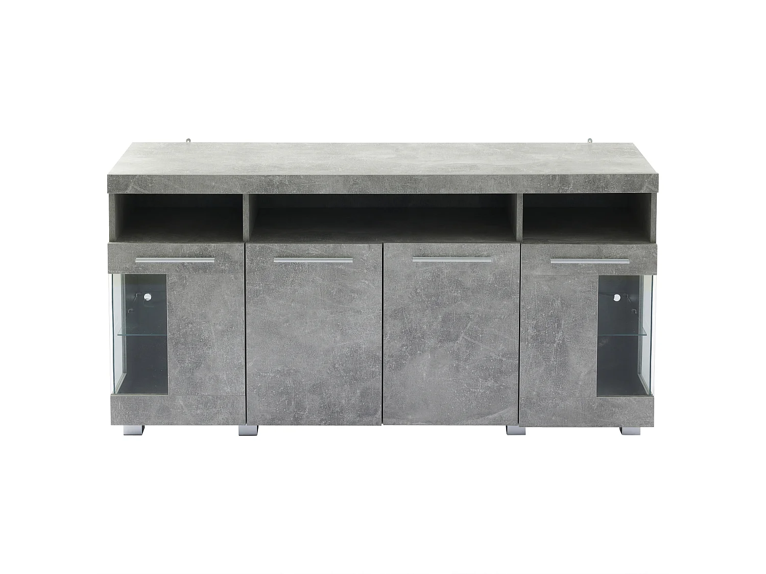 Buffet avec 4 portes et LED - Bois MDF+verre trempé - Gris ciment