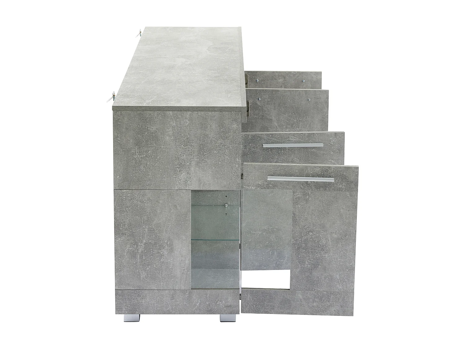 Buffet avec 4 portes et LED - Bois MDF+verre trempé - Gris ciment