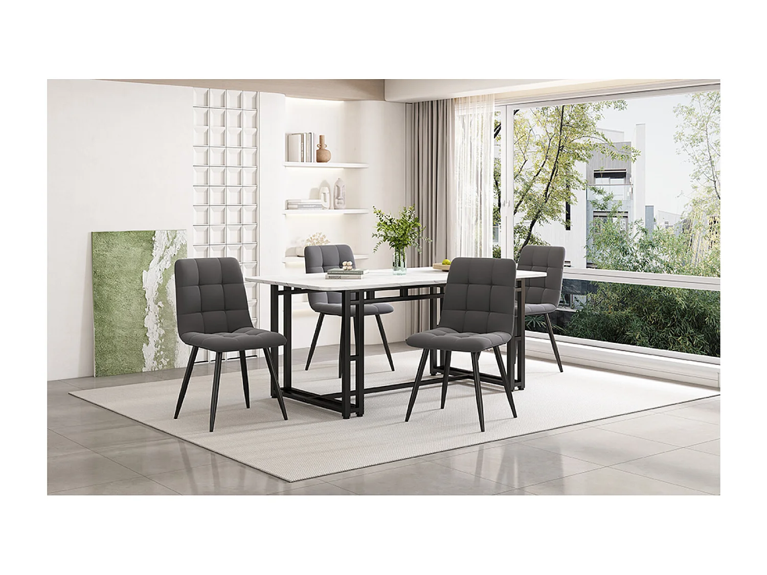 Tafel en 4 stoelen - Fluweelzachte stoelen - Grijs en wit