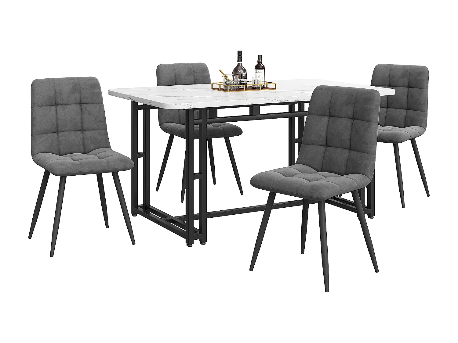 Tafel en 4 stoelen - Fluweelzachte stoelen - Grijs en wit