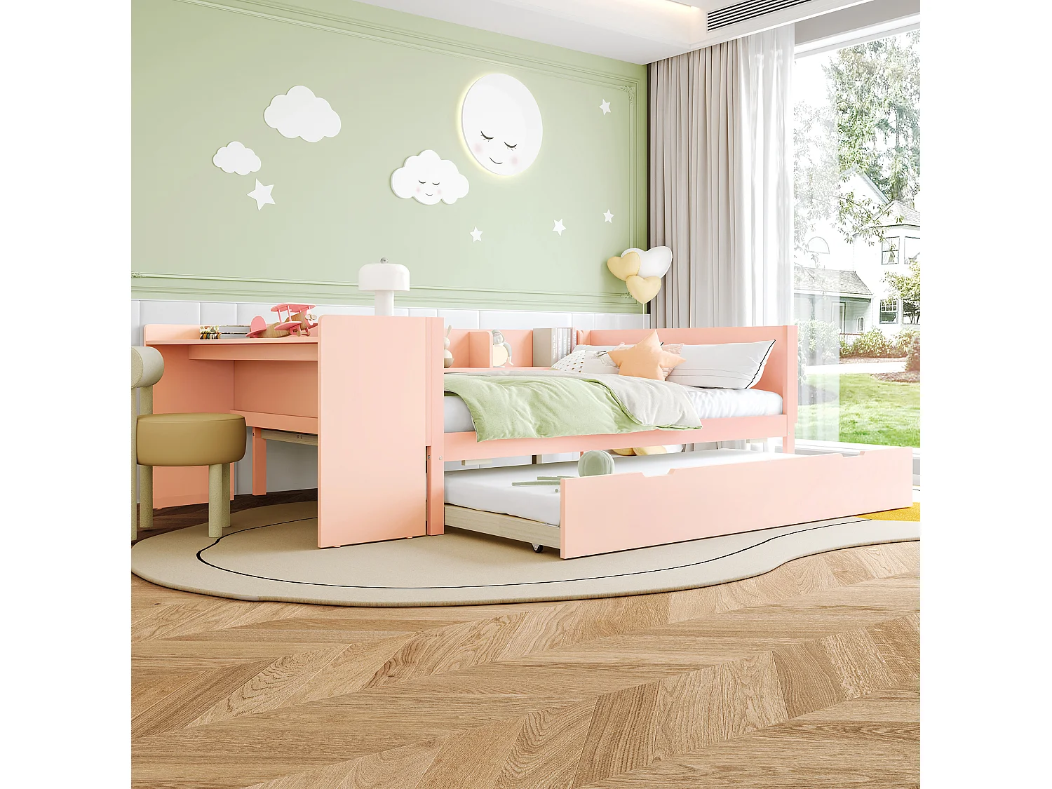 Lit enfant 140x200cm avec lit gigogne 90x200cm -bureau et rangement- Bois rose