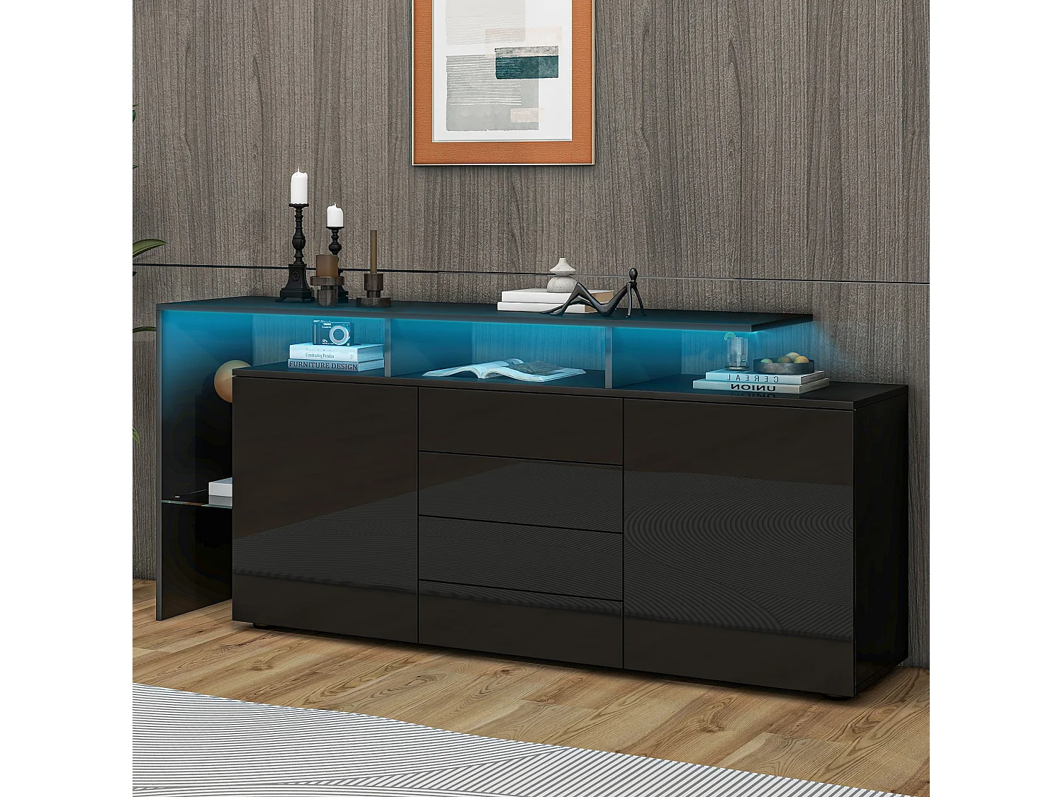 Buffet noir laqué avec LED, 4 tiroirs et 2 portes - Bois en PB et verre