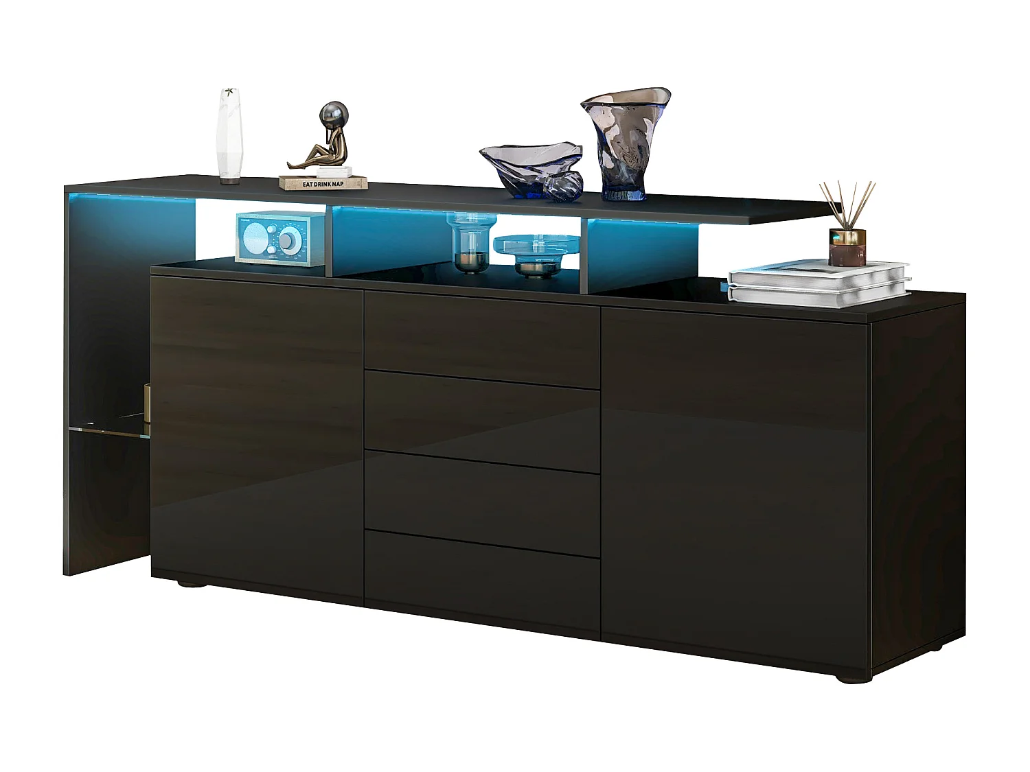 Buffet noir laqué avec LED, 4 tiroirs et 2 portes - Bois en PB et verre