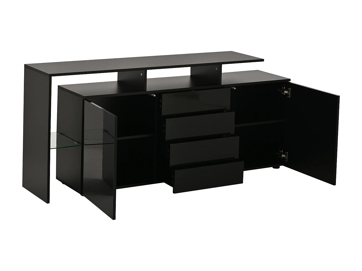 Buffet noir laqué avec LED, 4 tiroirs et 2 portes - Bois en PB et verre