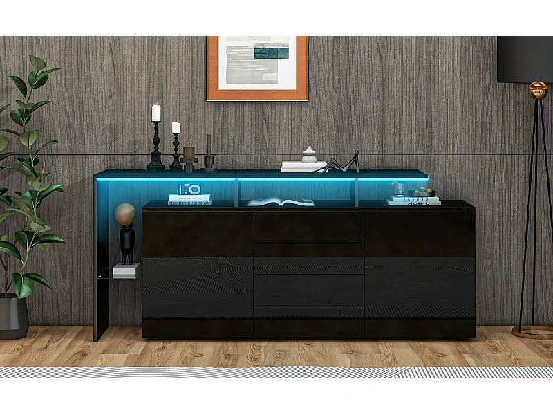 Buffet noir laqué avec LED, 4 tiroirs et 2 portes - Bois en PB et verre