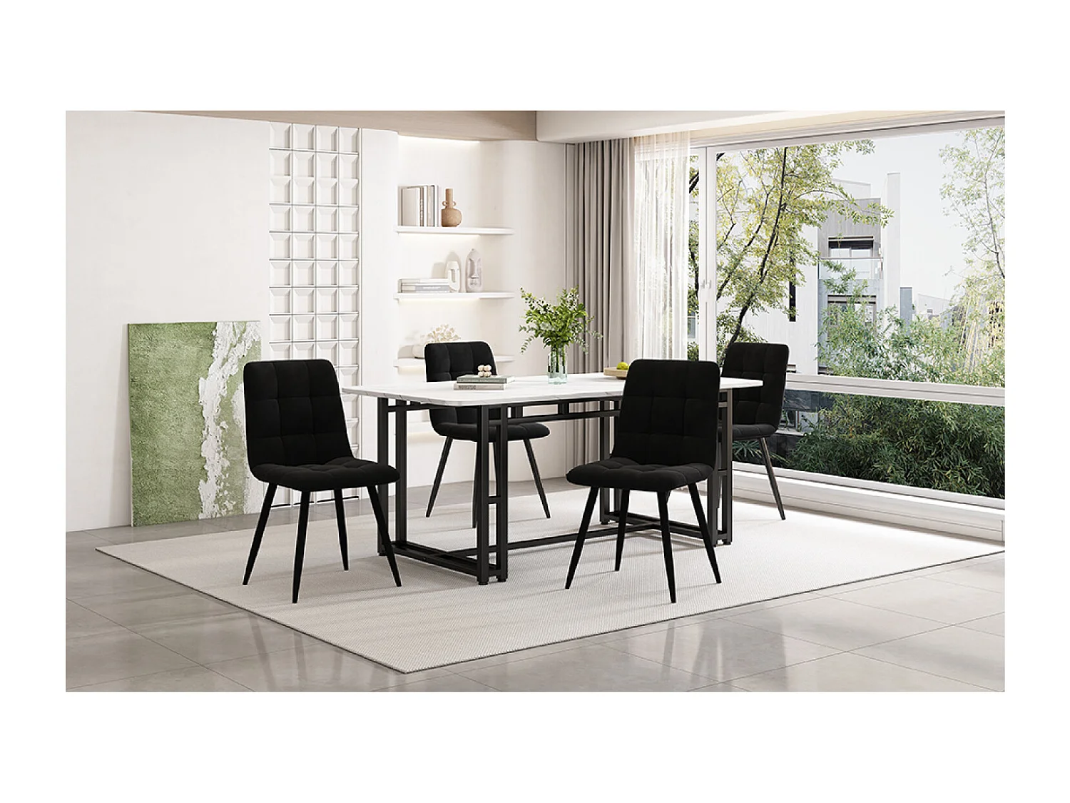 Tafel en 4 stoelen - Fluweelzachte stoelen - Zwart en wit