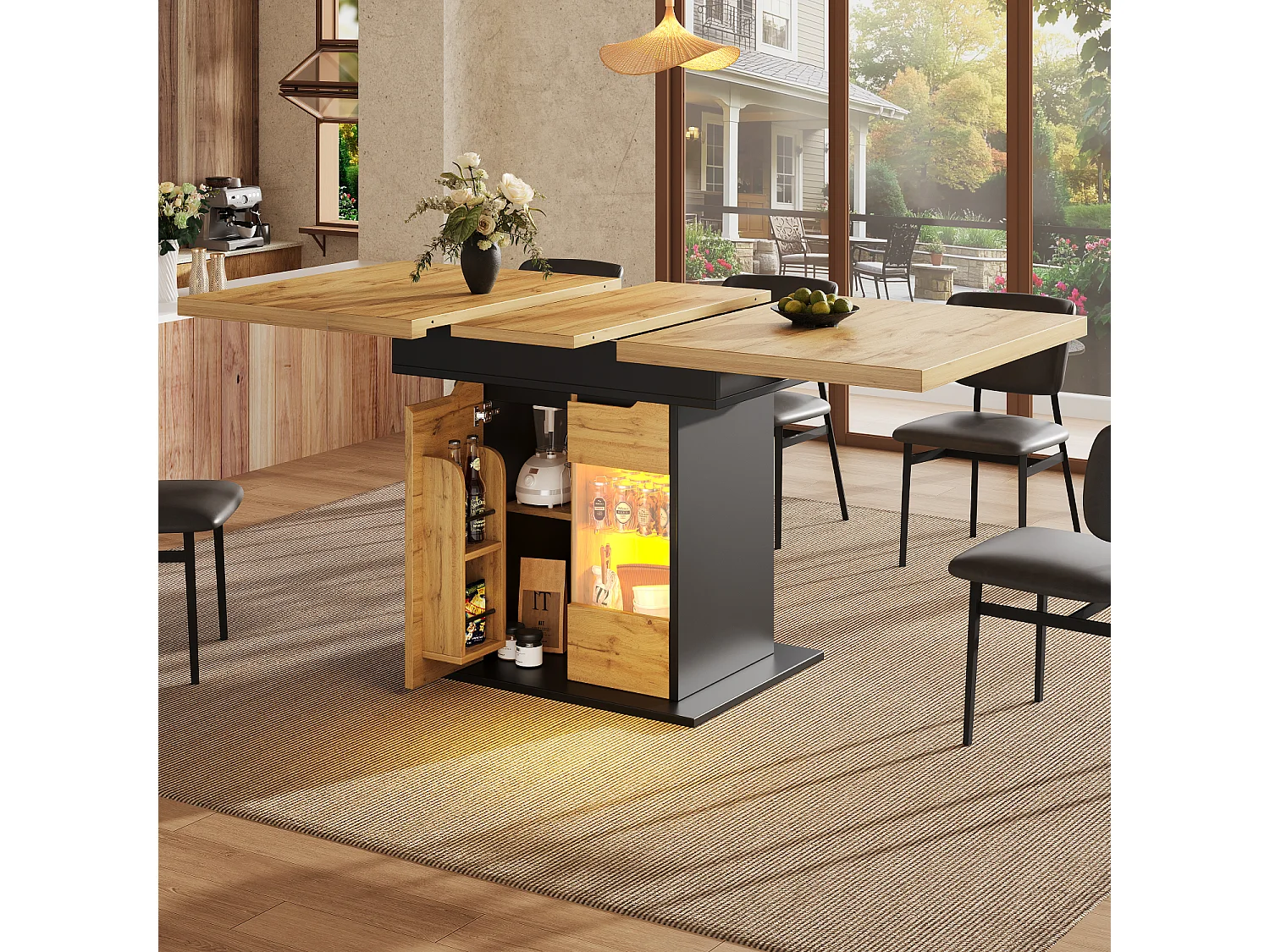 Table extensible pour 4 à 6 personnes - Avec LED et rangement - Noir et bois