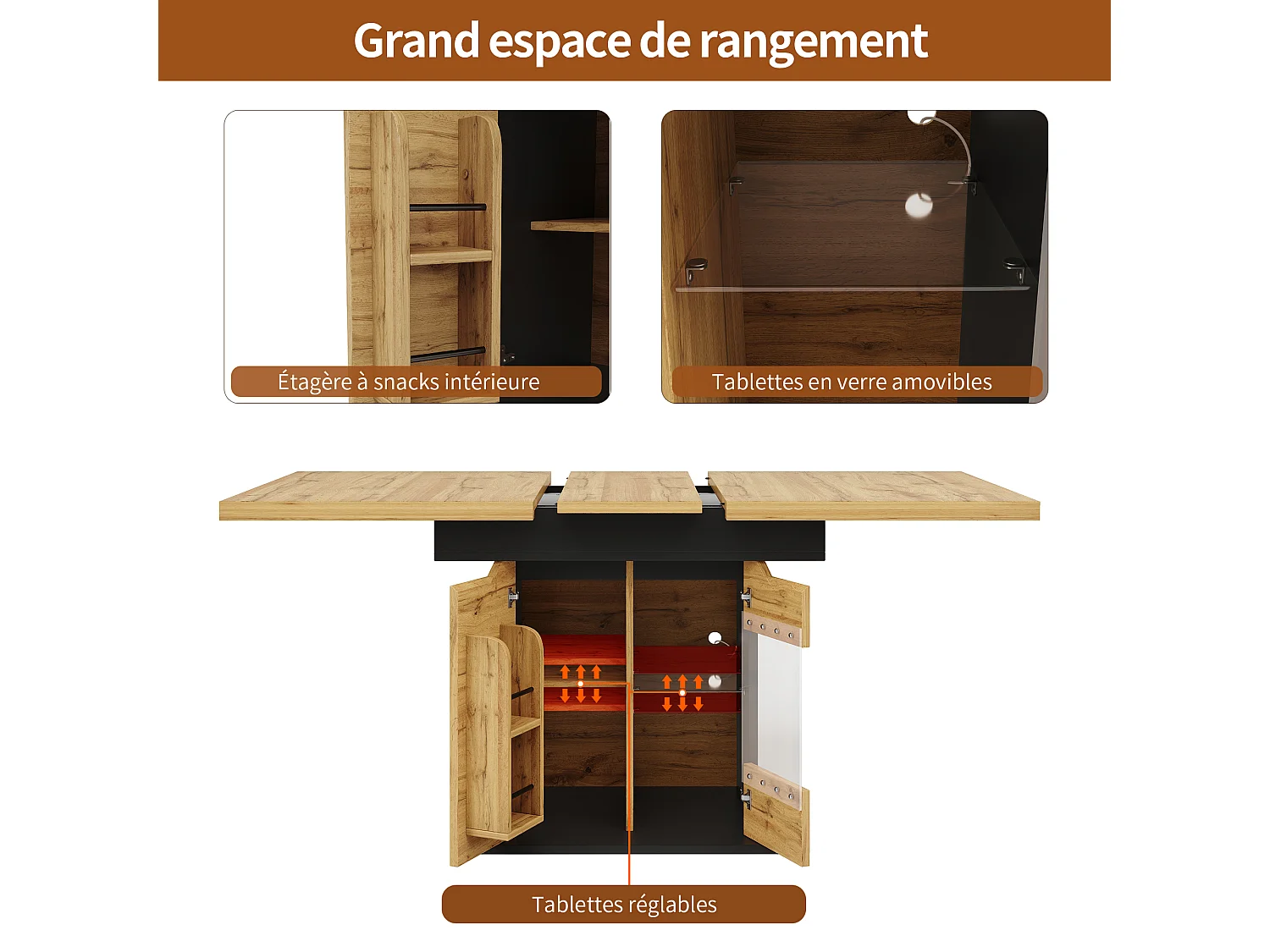 Table extensible pour 4 à 6 personnes - Avec LED et rangement - Noir et bois
