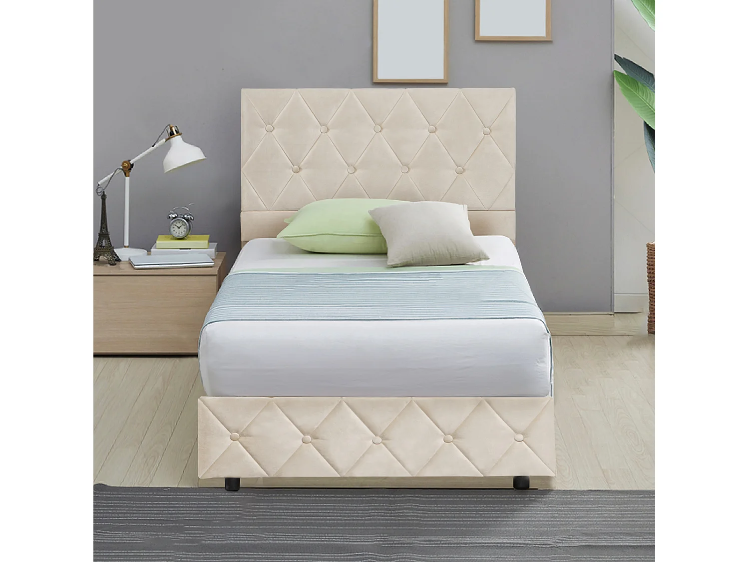 Cama con almacenamiento de 90x200 cm, cama para adultos con cabecero capitoné y somier de láminas, color beige, colchón no incluido