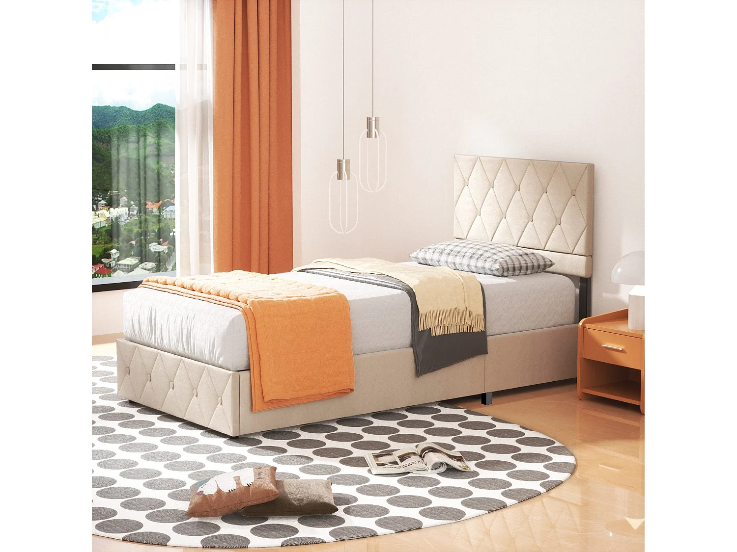 Cama con almacenamiento de 90x200 cm, cama para adultos con cabecero capitoné y somier de láminas, color beige, colchón no incluido