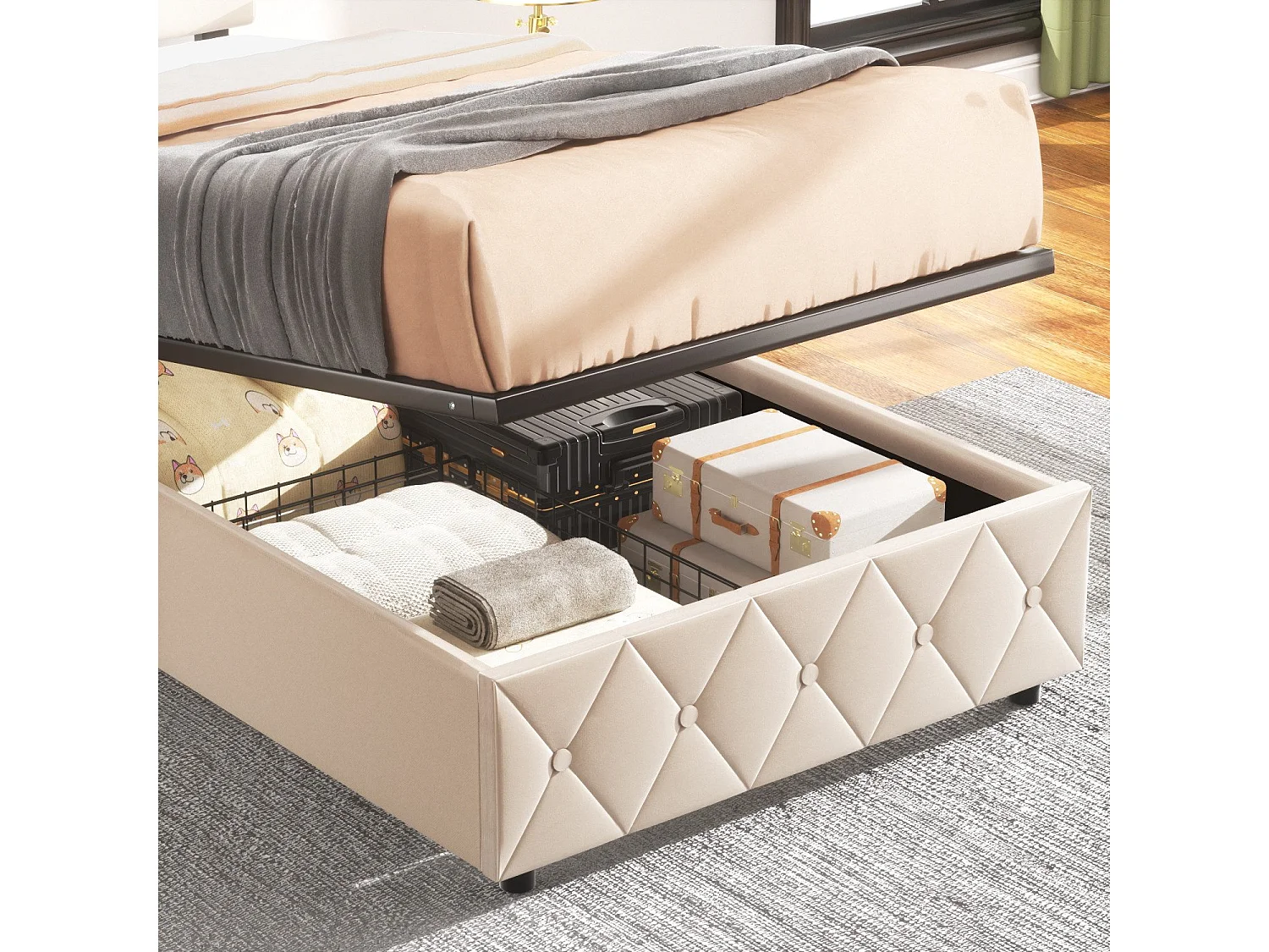 Cama con almacenamiento de 90x200 cm, cama para adultos con cabecero capitoné y somier de láminas, color beige, colchón no incluido