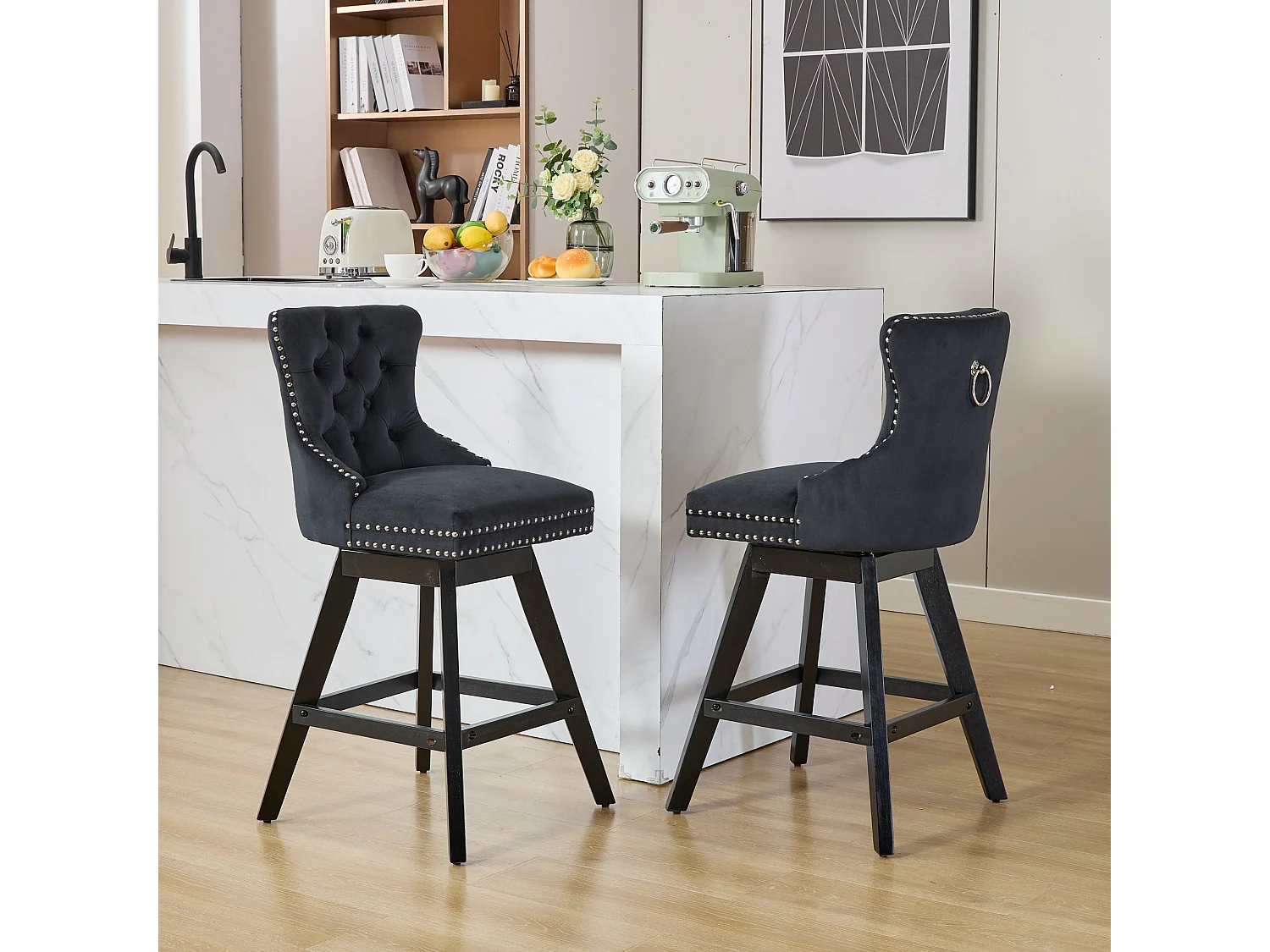 Lot de 2 tabourets de bar en velours - Pieds en bois - Noir