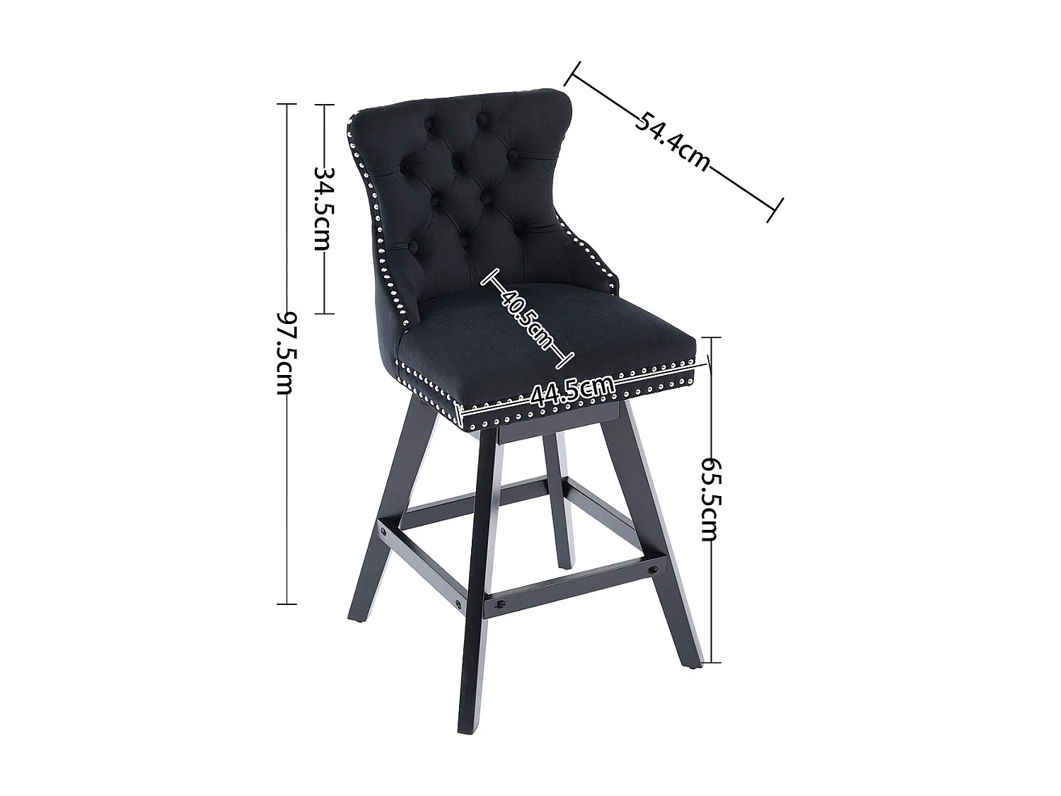 Lot de 2 tabourets de bar en velours - Pieds en bois - Noir