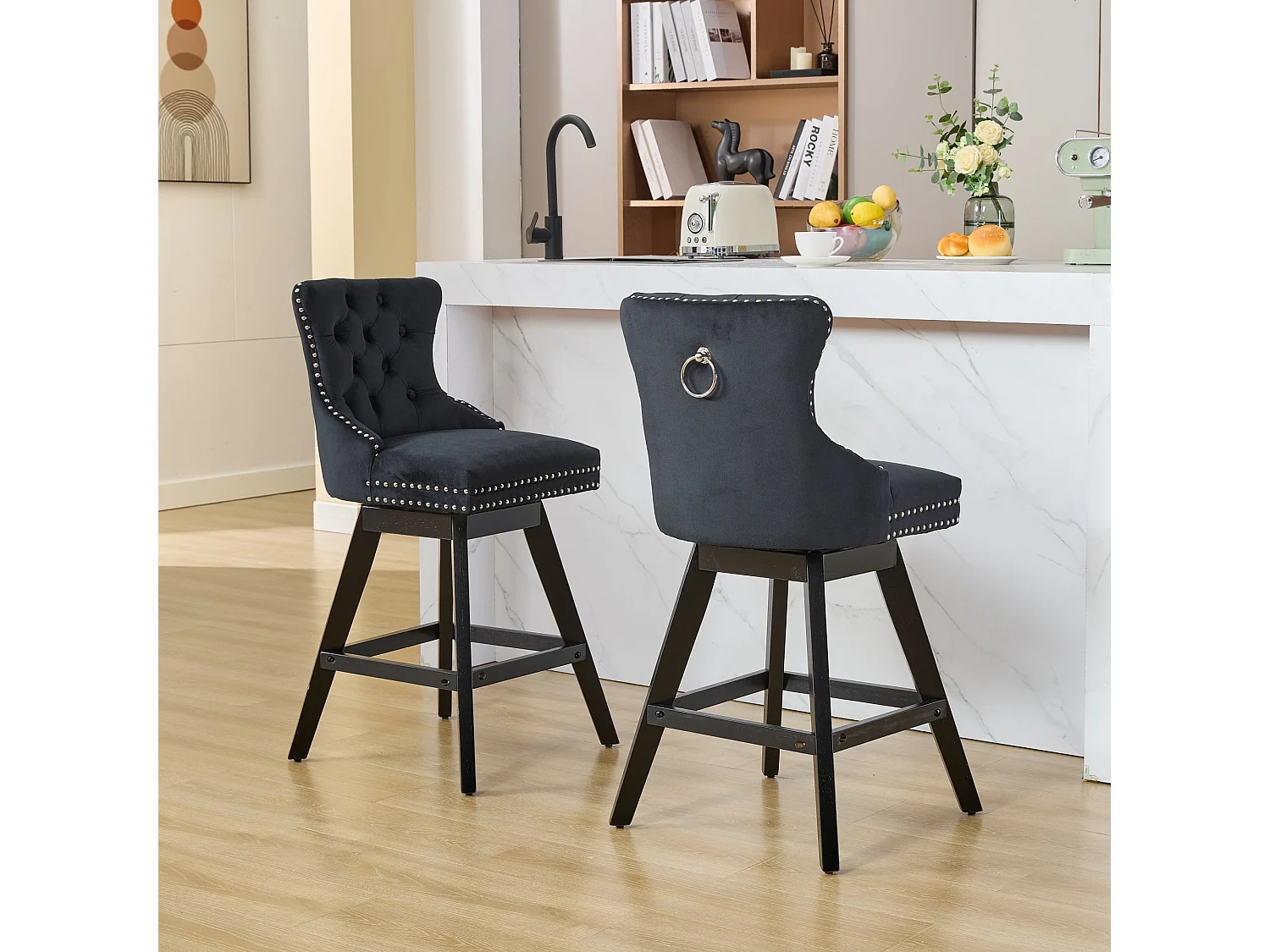 Lot de 2 tabourets de bar en velours - Pieds en bois - Noir