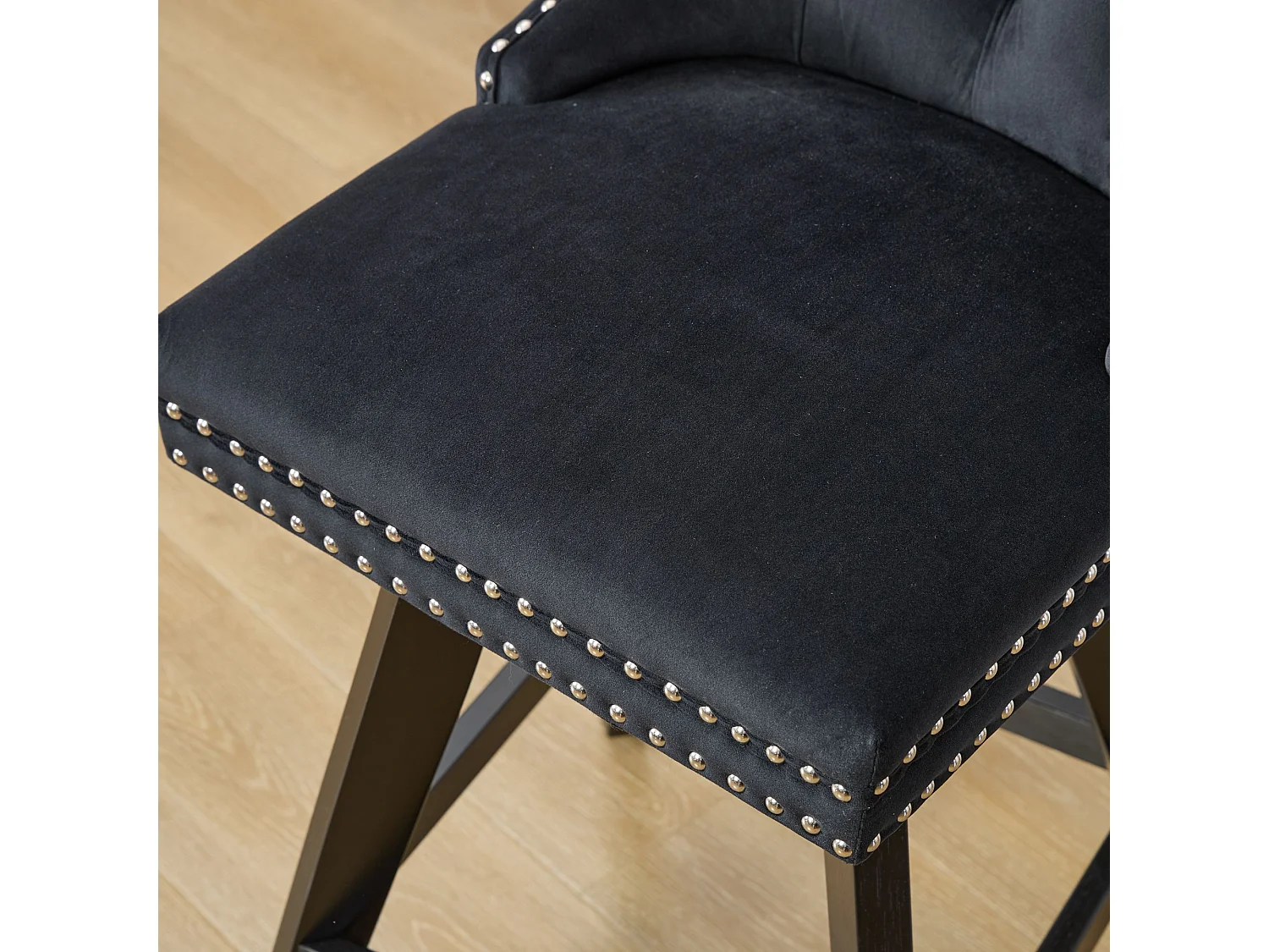 Lot de 2 tabourets de bar en velours - Pieds en bois - Noir