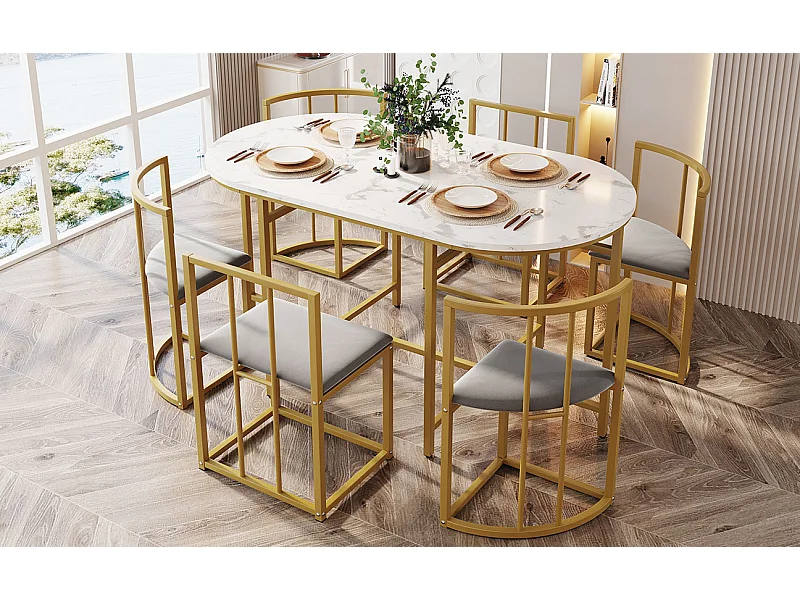 Ensemble table et 6 chaises - Plateau effet marbre blanc - Structure en métal doré