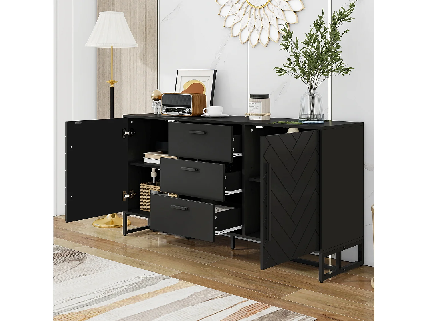Buffet noir avec 2 portes et de 3 tiroirs - Motif chevrons