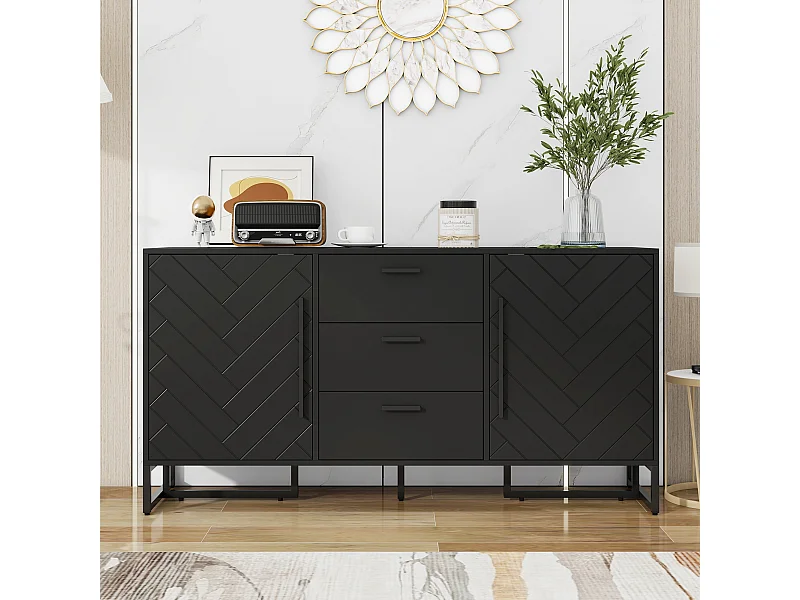 Buffet noir avec 2 portes et de 3 tiroirs - Motif chevrons