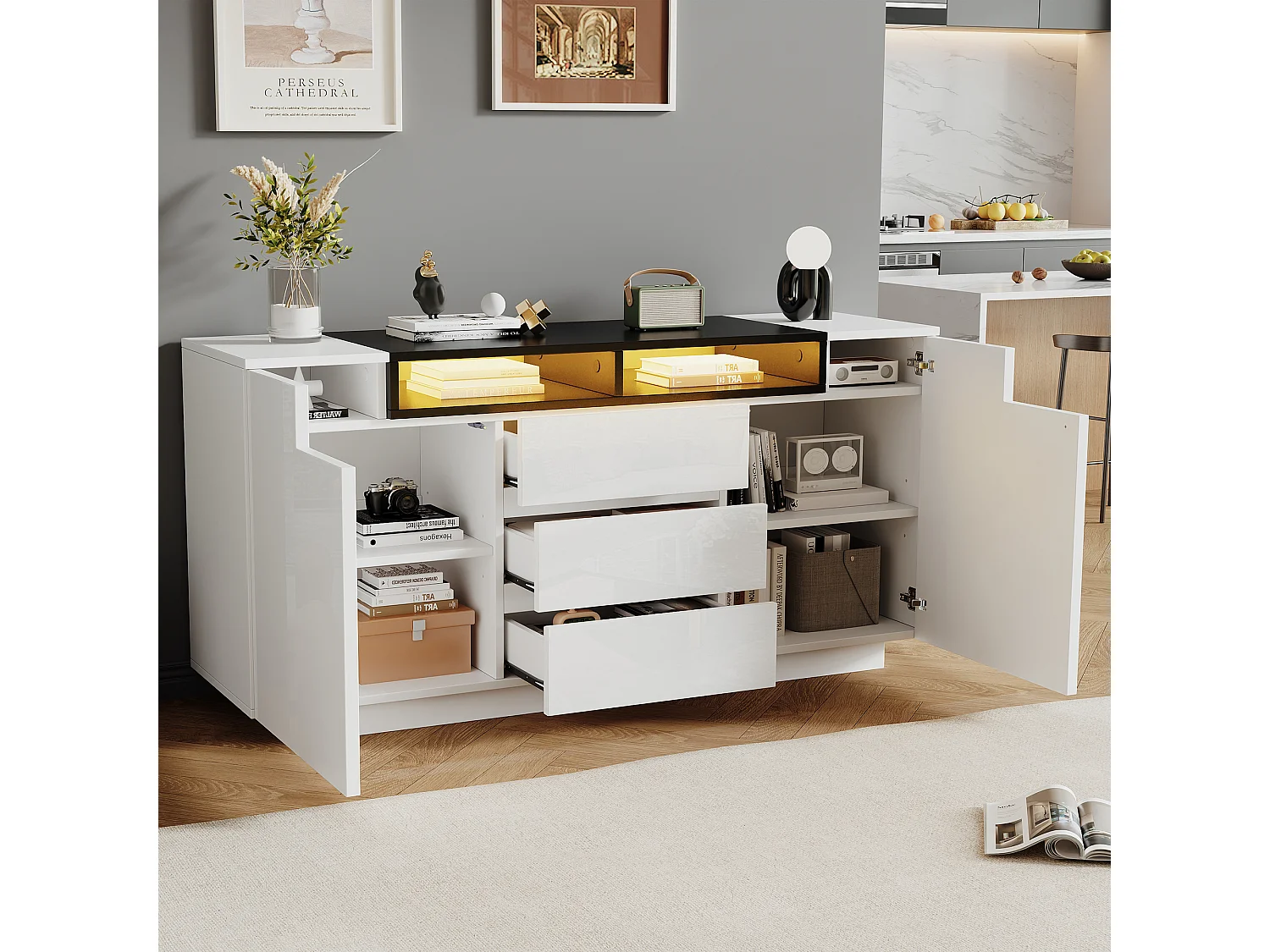 Credenza laccata lucida con illuminazione a LED, 2 ante a L e 3 cassetti - Bianco e nero