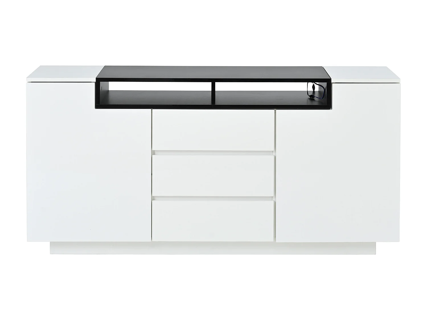 Credenza laccata lucida con illuminazione a LED, 2 ante a L e 3 cassetti - Bianco e nero