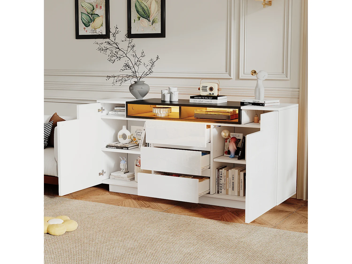 Credenza laccata lucida con illuminazione a LED, 2 ante a L e 3 cassetti - Bianco e nero