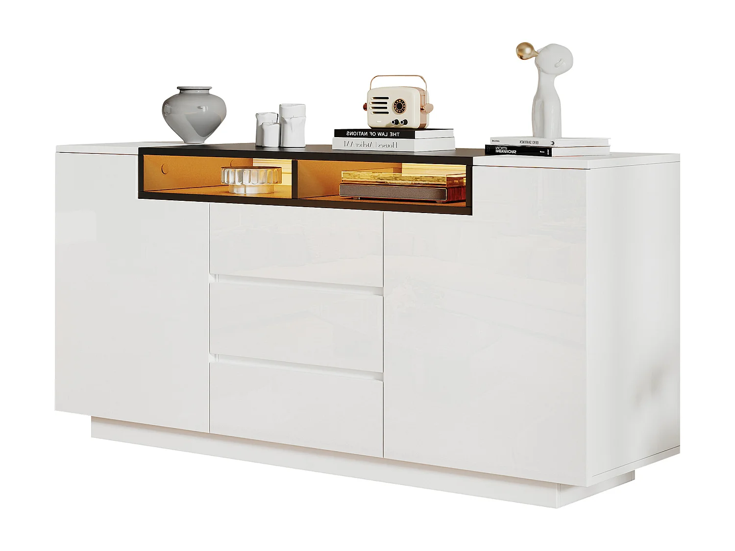 Credenza laccata lucida con illuminazione a LED, 2 ante a L e 3 cassetti - Bianco e nero