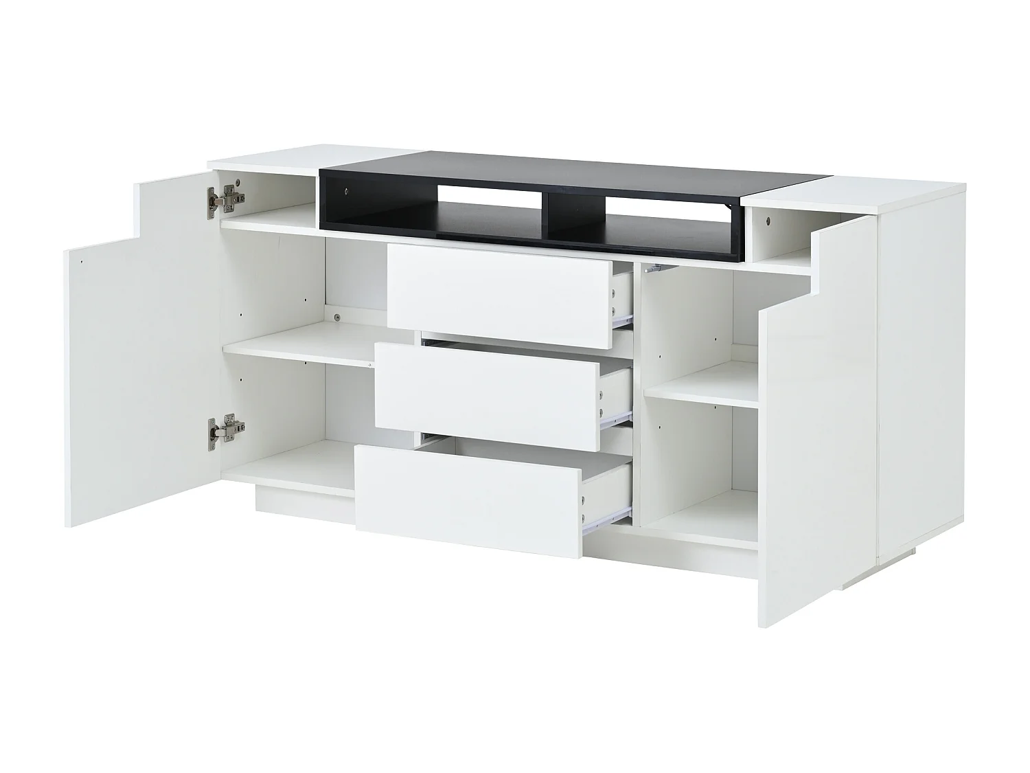 Credenza laccata lucida con illuminazione a LED, 2 ante a L e 3 cassetti - Bianco e nero