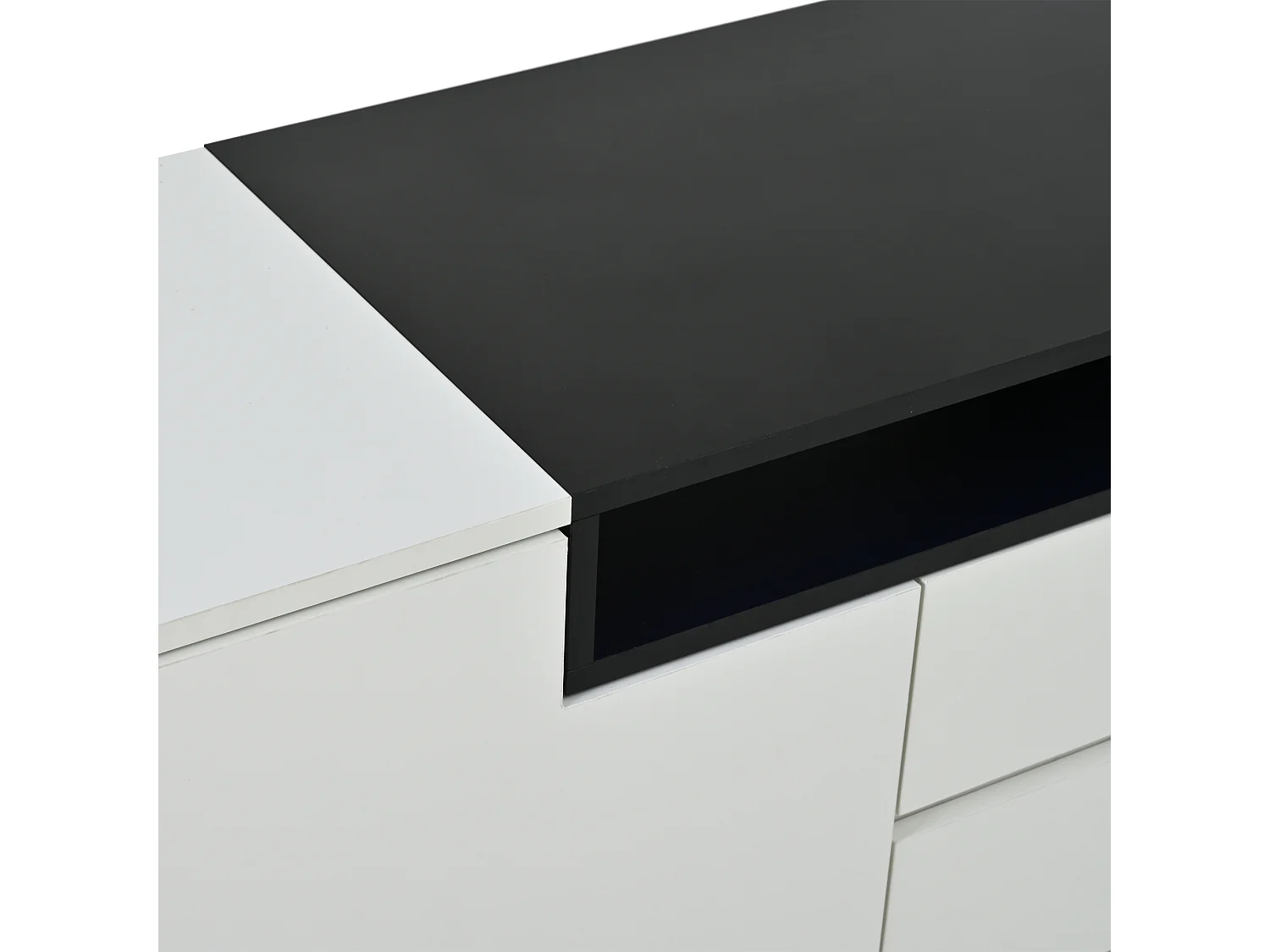 Credenza laccata lucida con illuminazione a LED, 2 ante a L e 3 cassetti - Bianco e nero