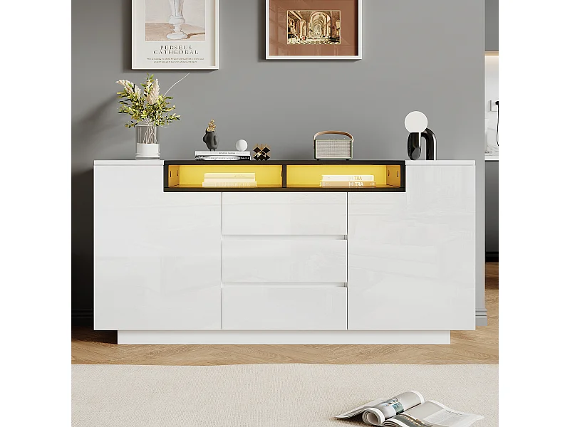 Credenza laccata lucida con illuminazione a LED, 2 ante a L e 3 cassetti - Bianco e nero