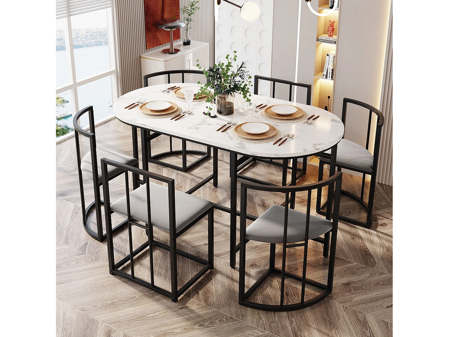 Ensemble table et 6 chaises - Plateau effet marbre blanc - Structure en métal noir