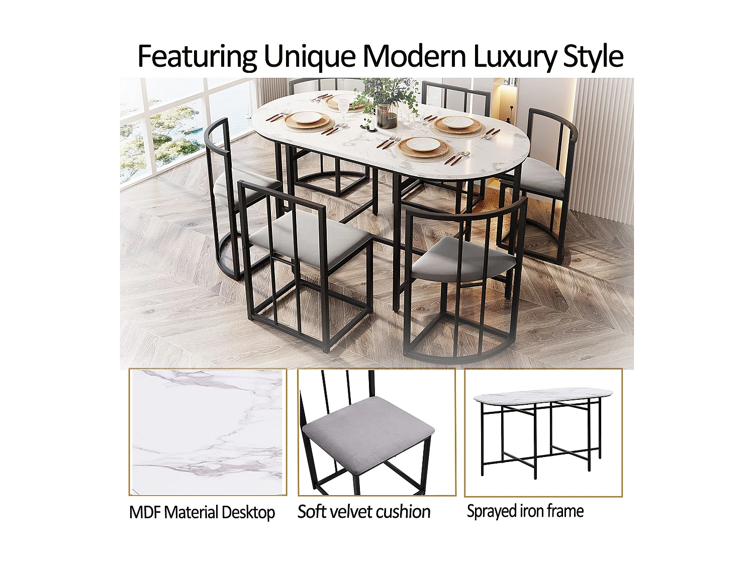 Ensemble table et 6 chaises - Plateau effet marbre blanc - Structure en métal noir