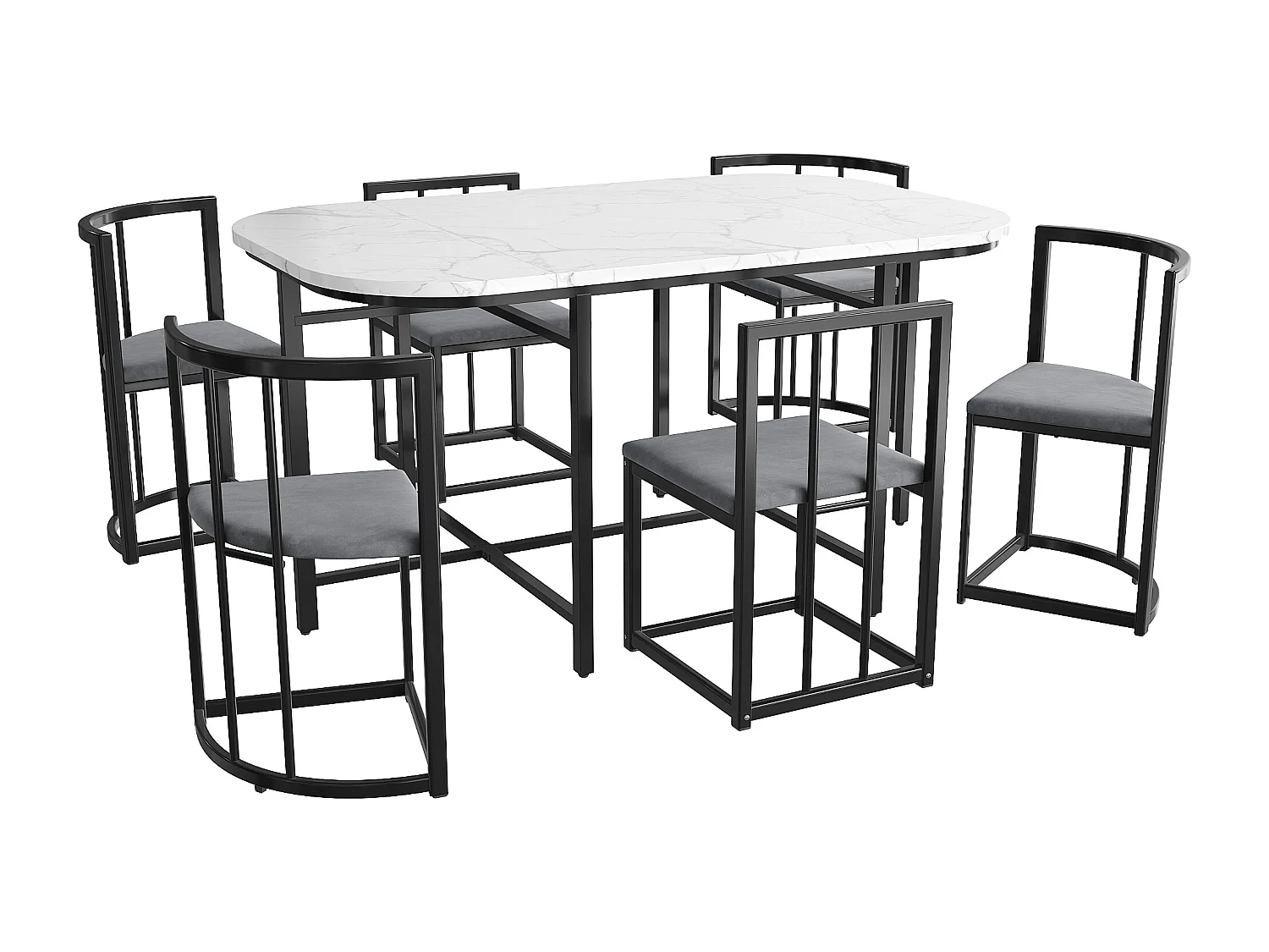 Ensemble table et 6 chaises - Plateau effet marbre blanc - Structure en métal noir