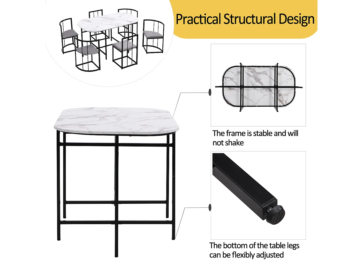 Ensemble table et 6 chaises - Plateau effet marbre blanc - Structure en métal noir