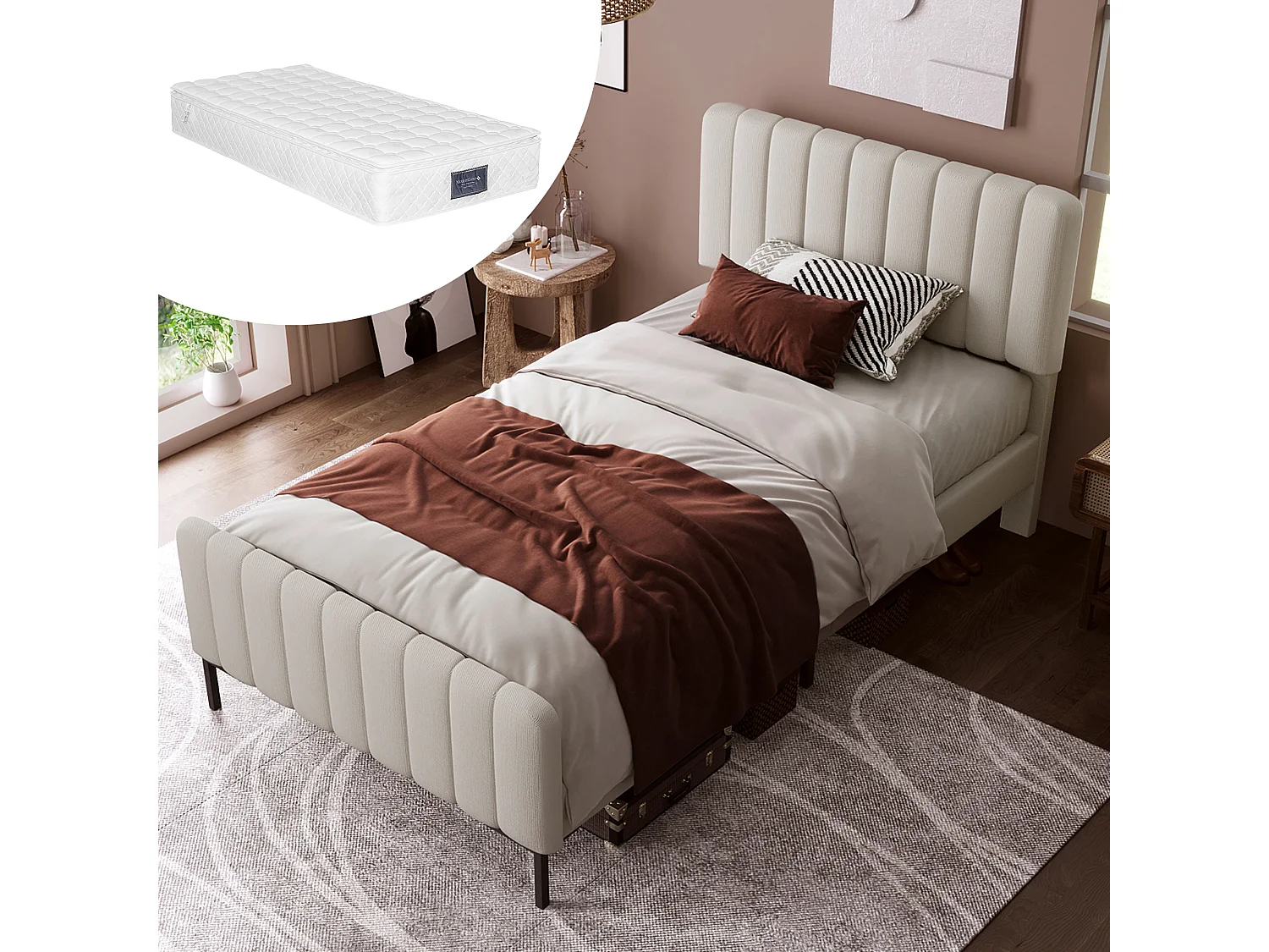 Letto singolo 90x200cm con testiera e materasso regolabili - Tessuto di lino grigio-beige