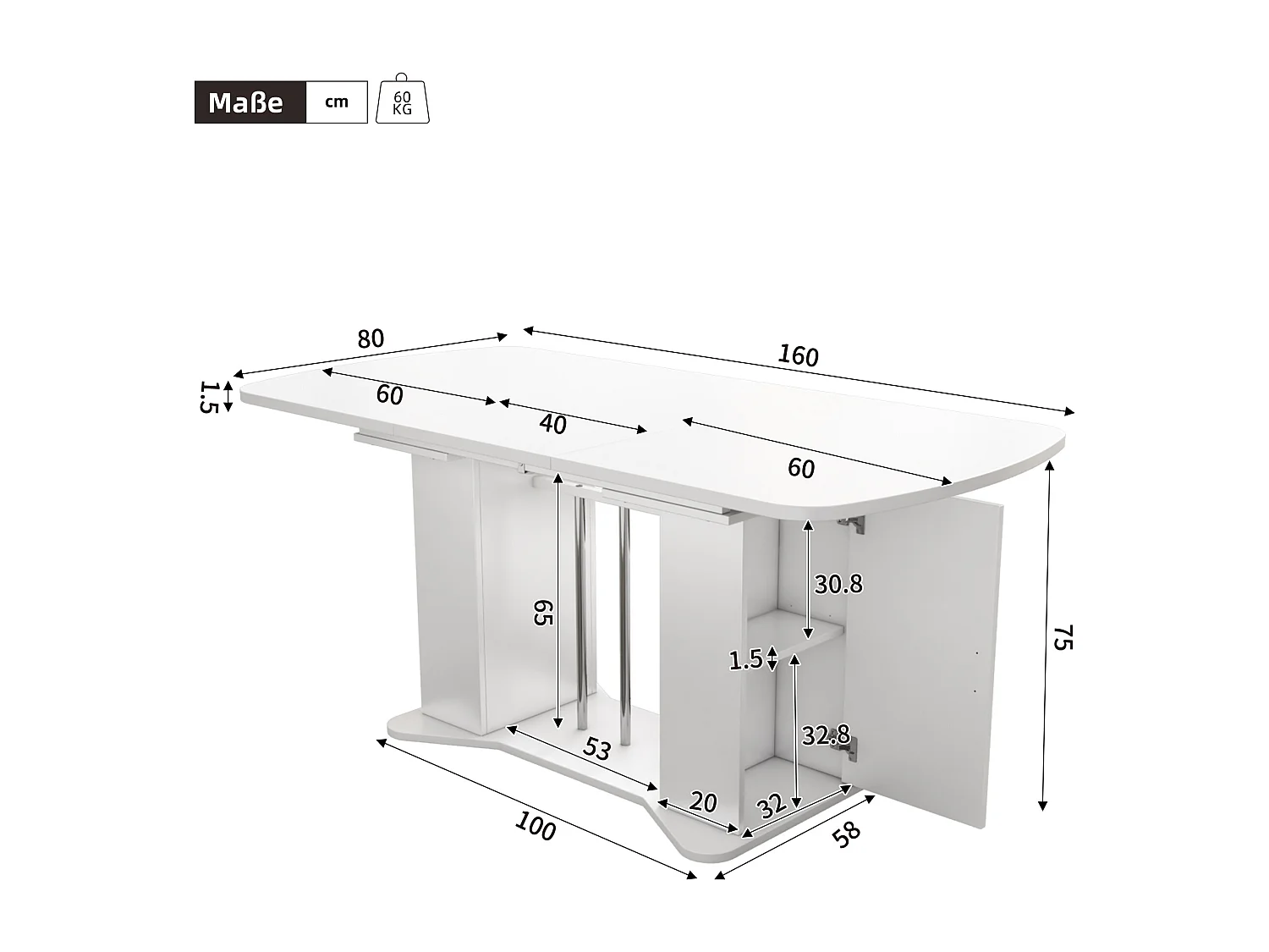 Table à manger extensible 120/160 x 80 cm pour 4 à 6 personnes avec rangement - Blanc