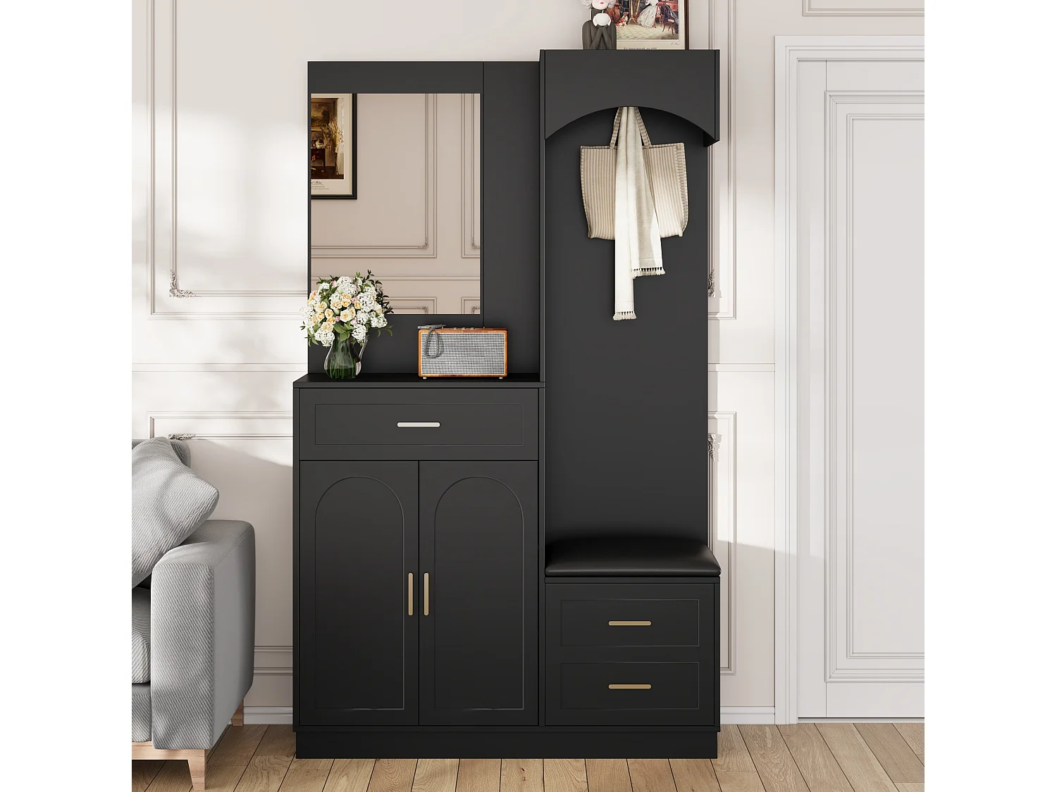 Mueble de recibidor con espejo, zapatero y banco - 110x33x185,5 cm - Negro