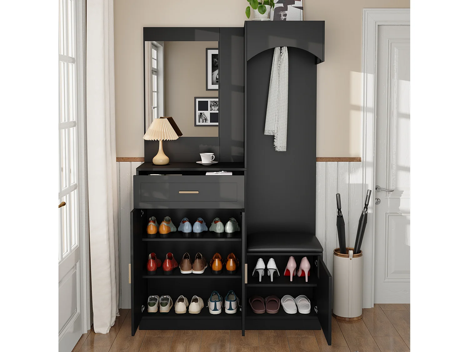 Mueble de recibidor con espejo, zapatero y banco - 110x33x185,5 cm - Negro