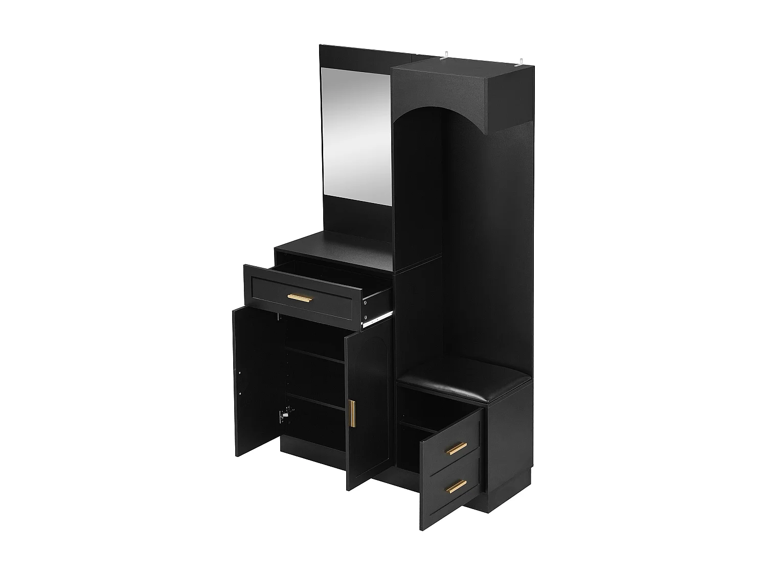 Mueble de recibidor con espejo, zapatero y banco - 110x33x185,5 cm - Negro