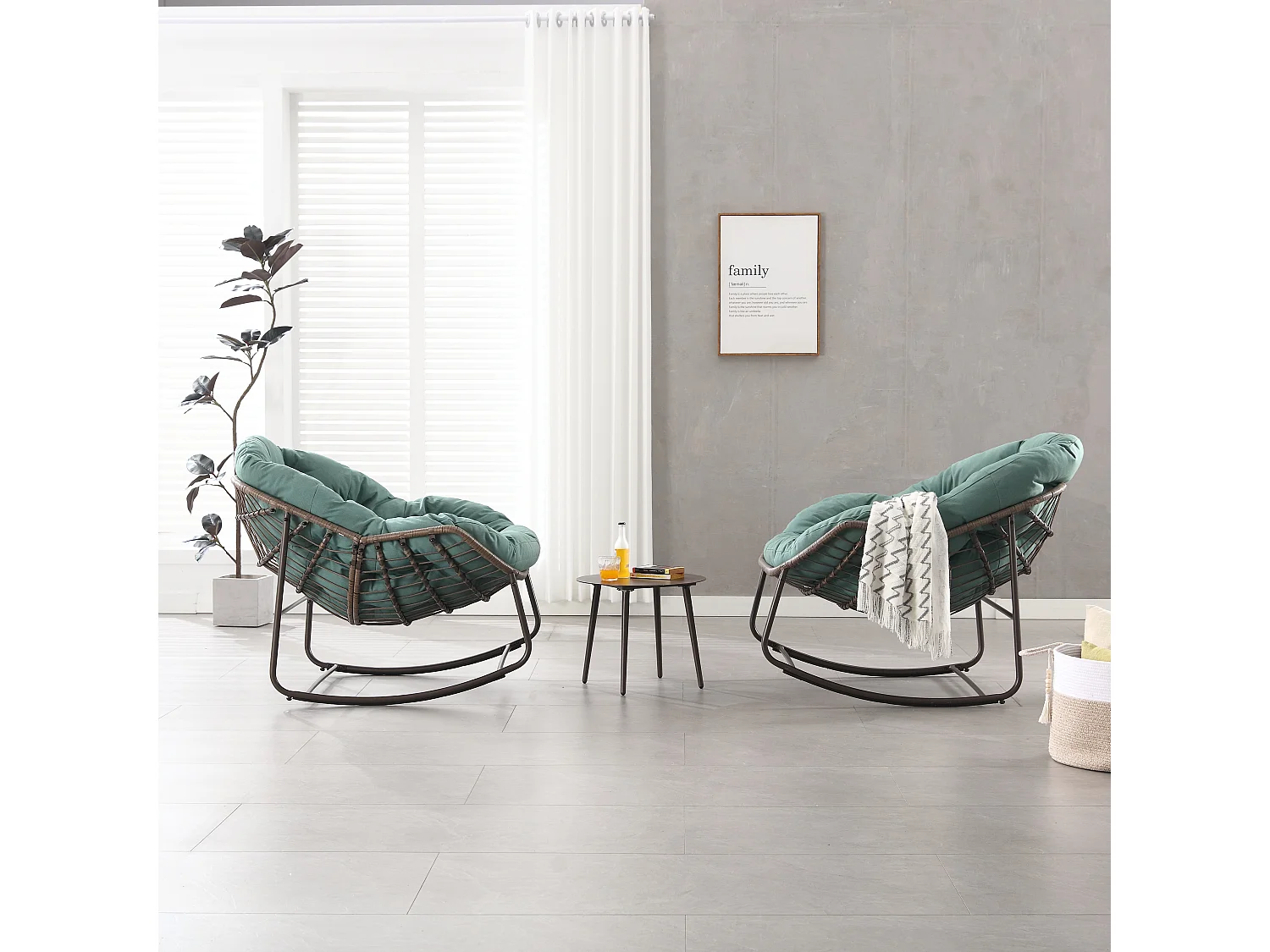 Eivormige rieten schommelstoel met dik kussen - Lichtgroen