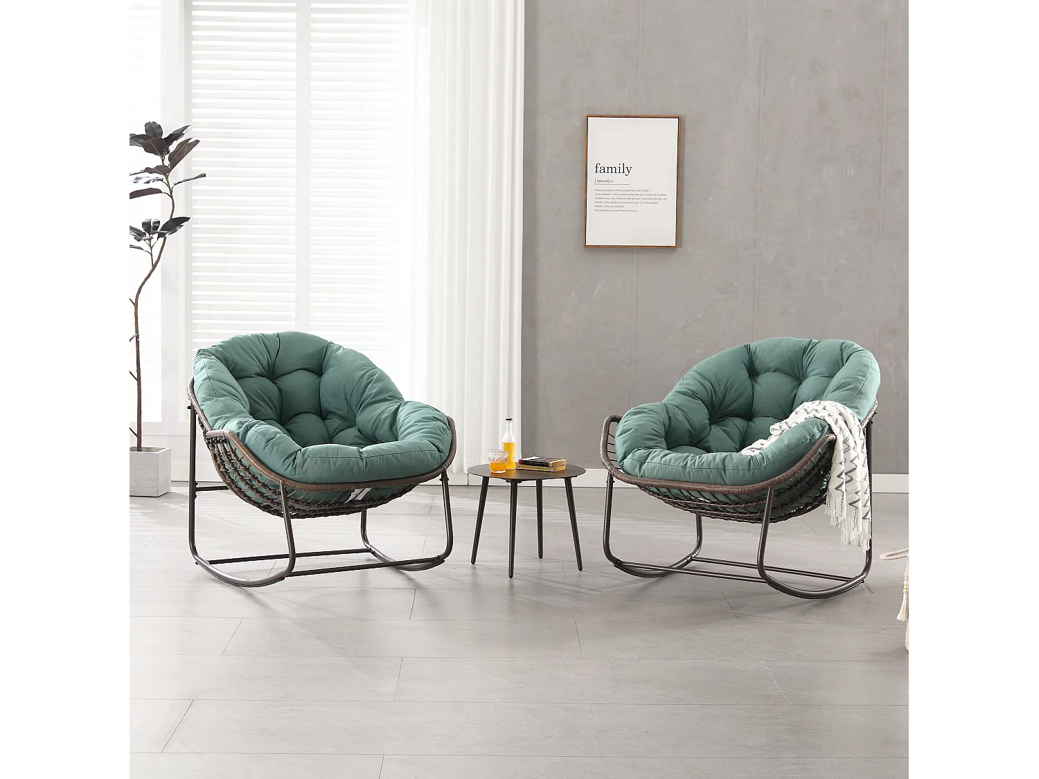 Eivormige rieten schommelstoel met dik kussen - Lichtgroen