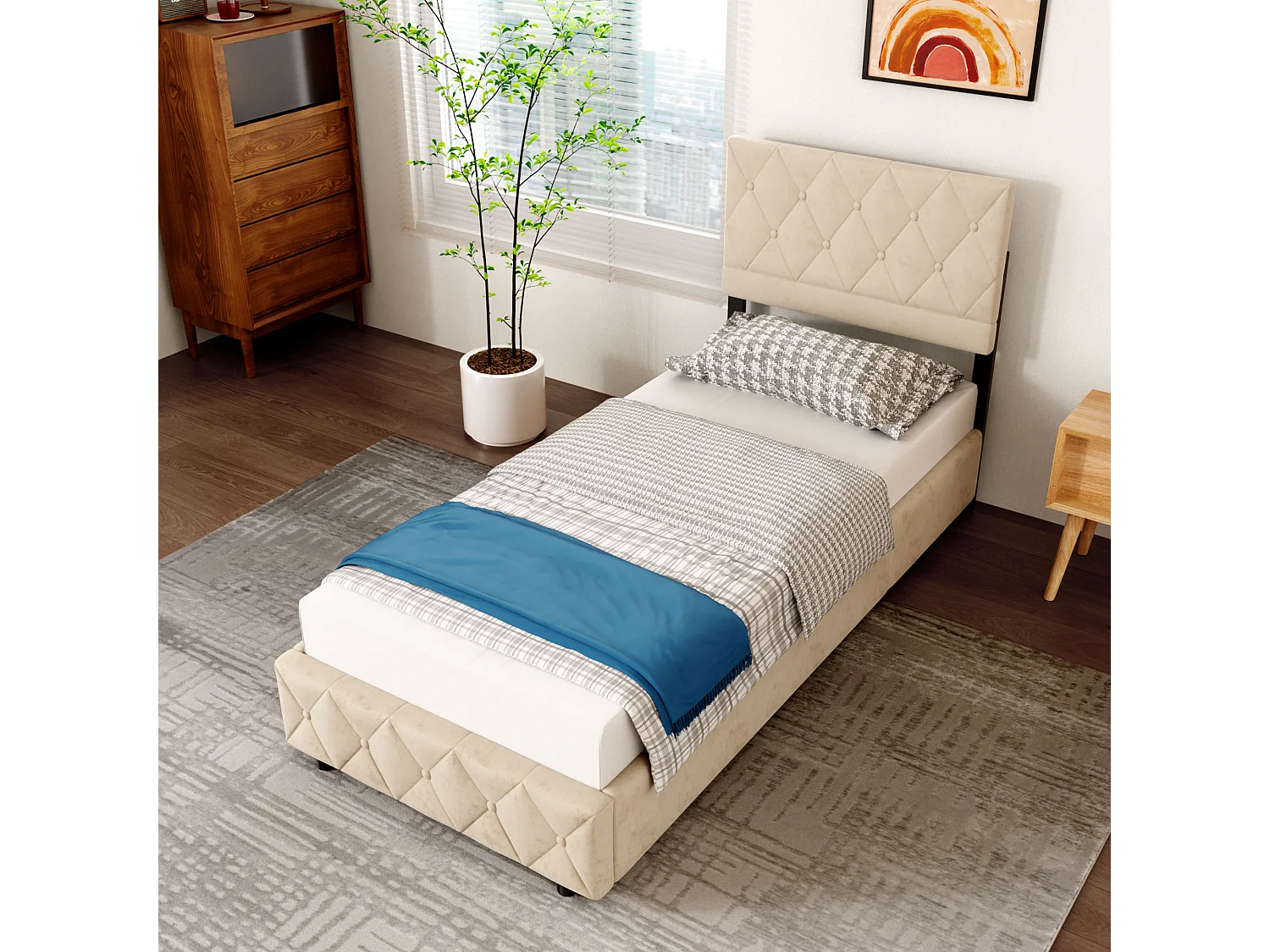 Cama con almacenamiento de 90x190 cm, cama para adultos con cabecero capitoné y somier de láminas, color beige, colchón no incluido.