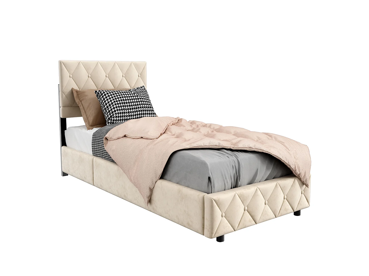 Cama con almacenamiento de 90x190 cm, cama para adultos con cabecero capitoné y somier de láminas, color beige, colchón no incluido.