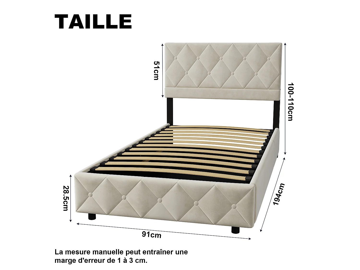 Cama con almacenamiento de 90x190 cm, cama para adultos con cabecero capitoné y somier de láminas, color beige, colchón no incluido.