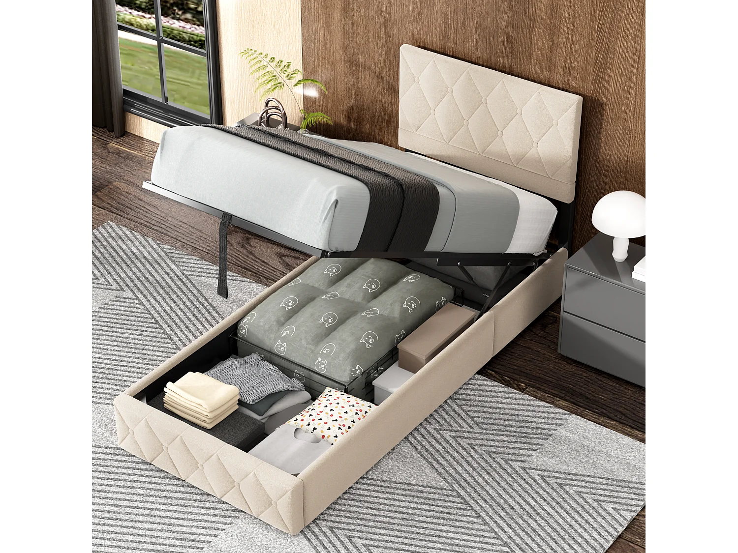 Cama con almacenamiento de 90x190 cm, cama para adultos con cabecero capitoné y somier de láminas, color beige, colchón no incluido.