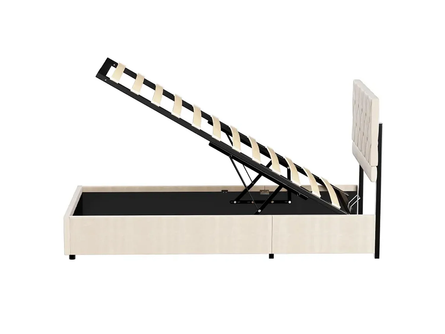 Cama con almacenamiento de 90x190 cm, cama para adultos con cabecero capitoné y somier de láminas, color beige, colchón no incluido.