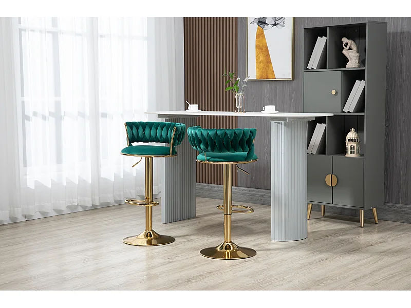 Lot de 2 tabourets de bar pivotants en velours - Hauteur réglable - Émeraude vert et doré