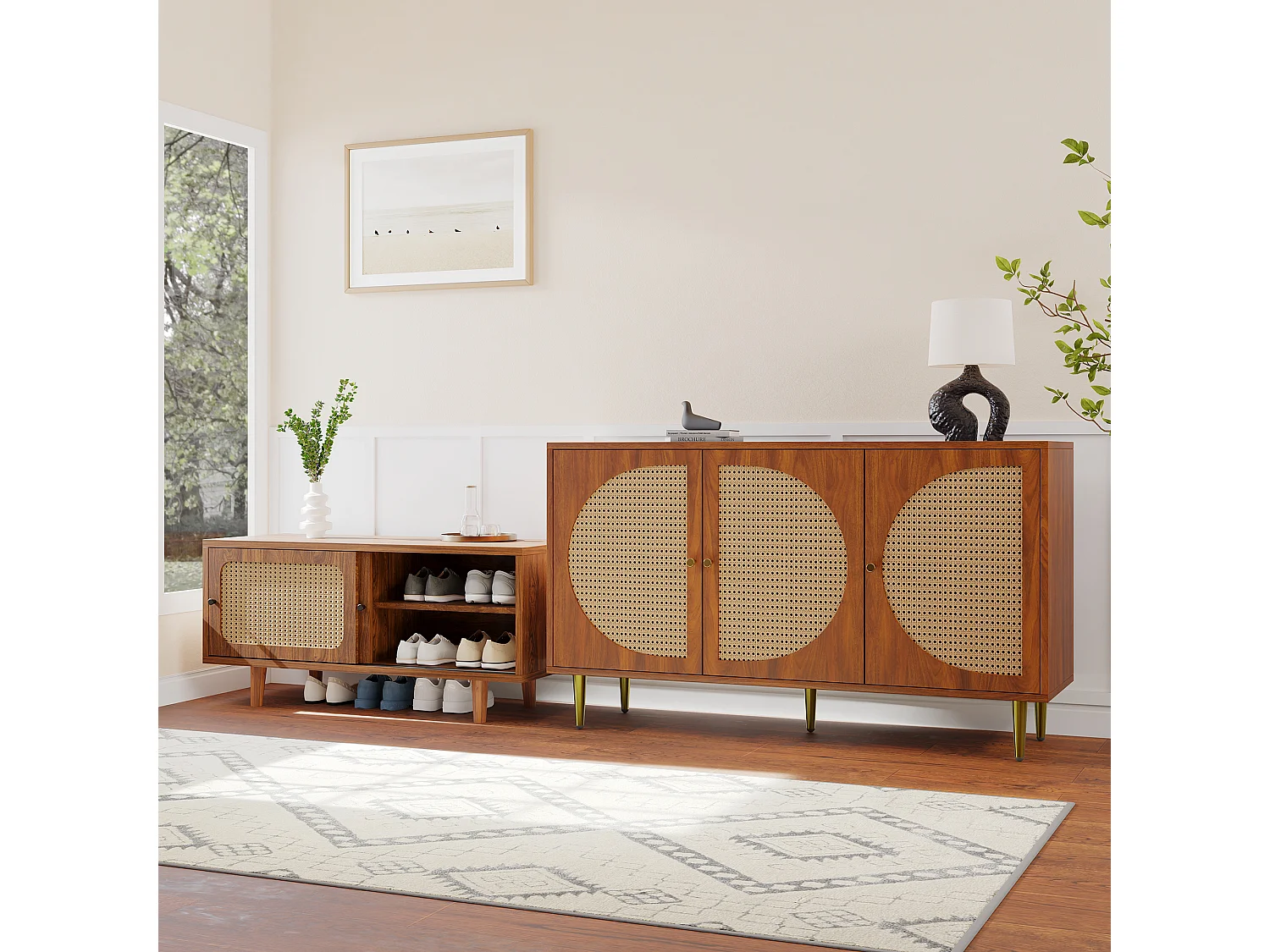 Ensemble buffet en rotin + meuble à chaussures - Bois en PB - Marron