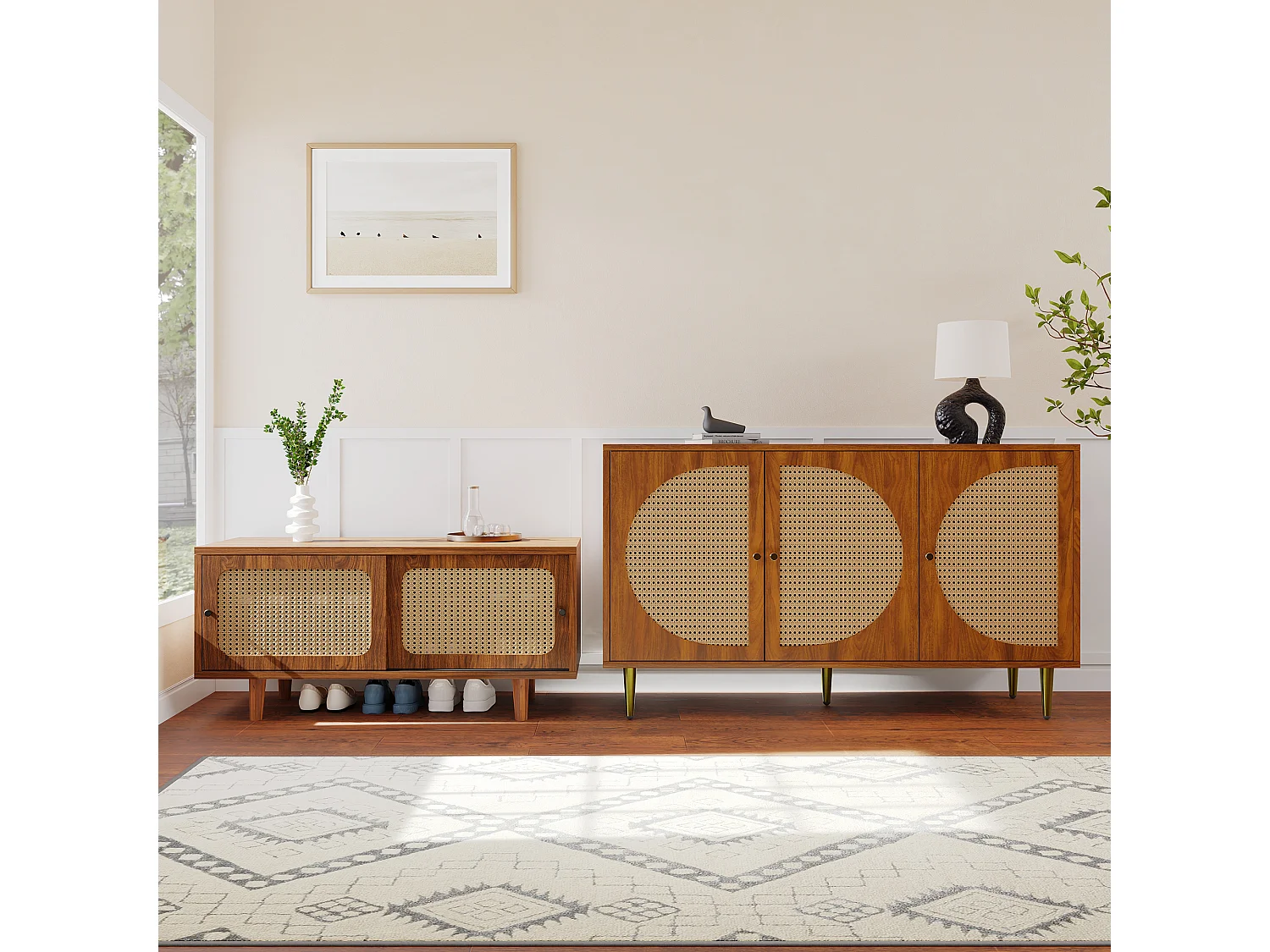 Ensemble buffet en rotin + meuble à chaussures - Bois en PB - Marron