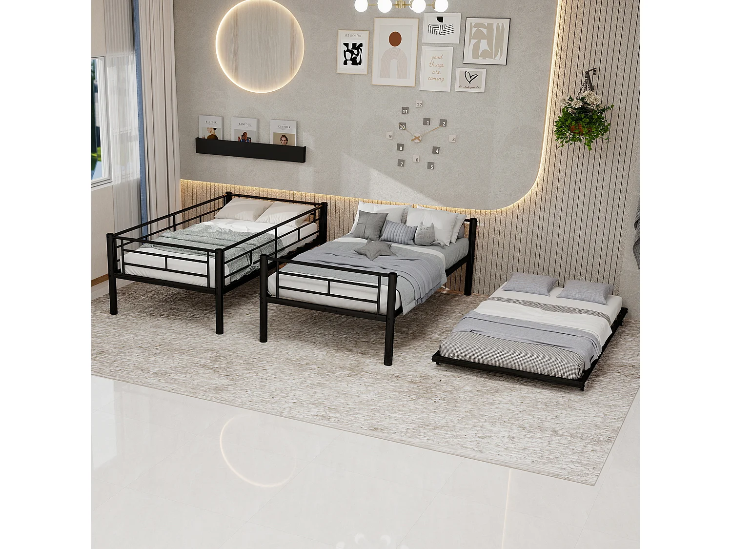 Stapelbed 90x190 cm met uitschuifbed 90x190 cm - Metalen kinderbed - Zwart